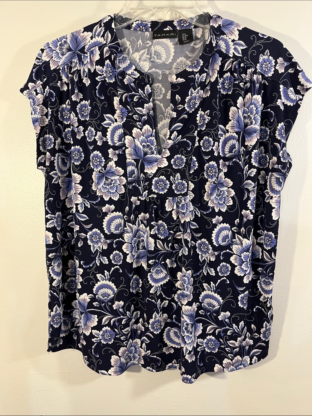 Tahari Navy and White Floral V-Neck Cap Sleeve Blouse